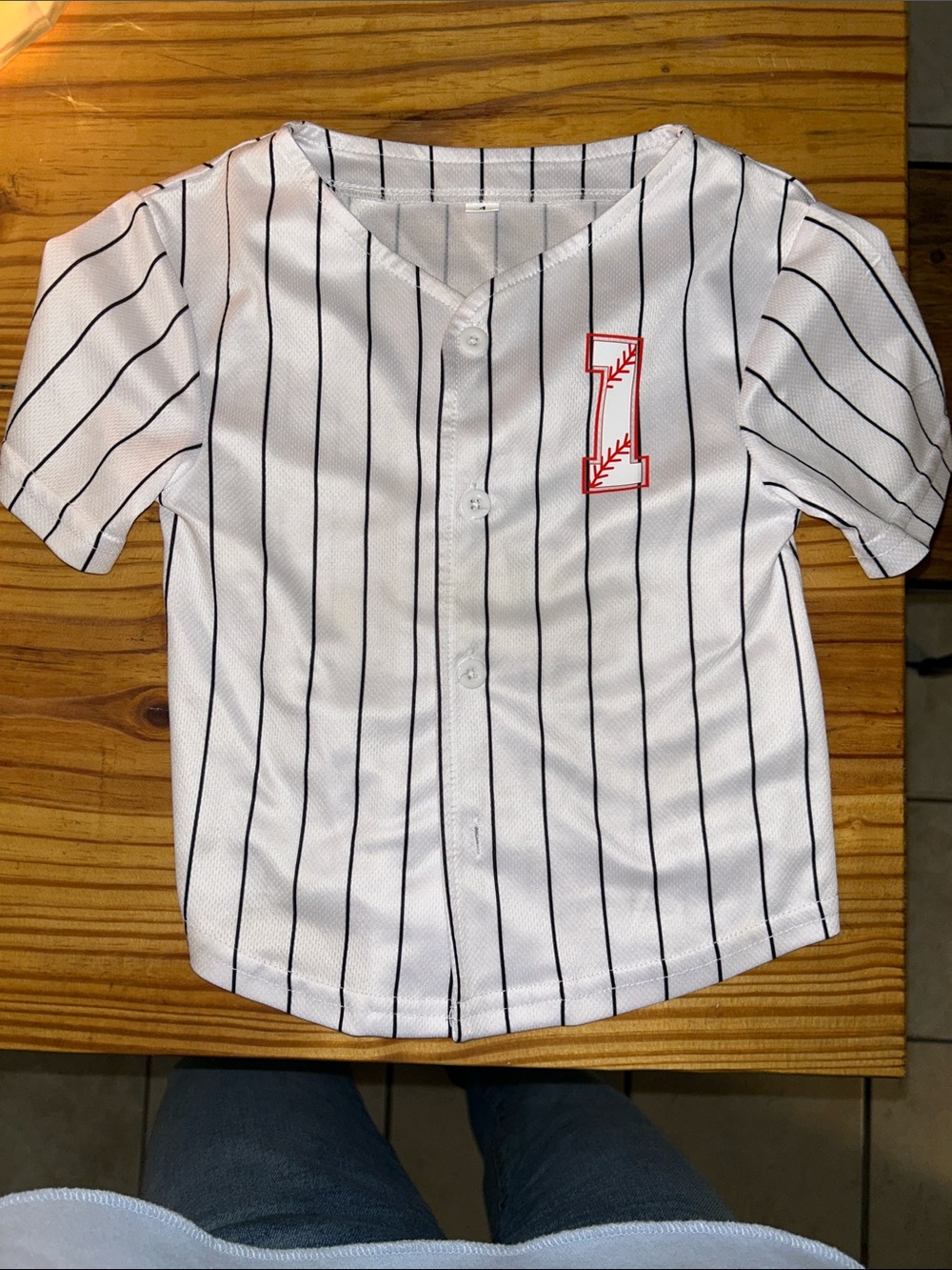 Amazon White Pinstripe Baseball Button-Front Shirt with Red '1' Patch